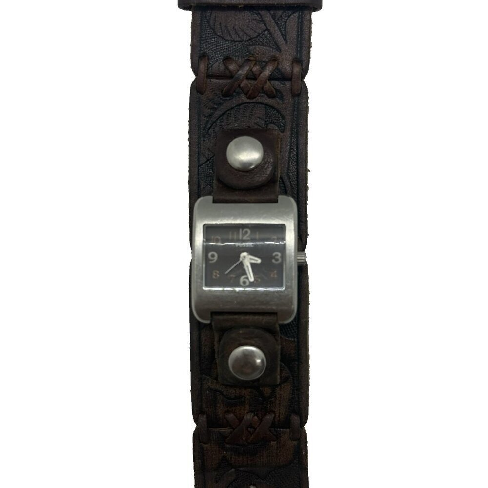 Y2K Fossil WB-1028 Silver Tone Brown Wide Leather Band Analog Women's Watch BOHO